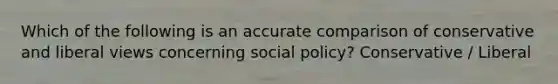 Which of the following is an accurate comparison of conservative and liberal views concerning social policy? Conservative / Liberal