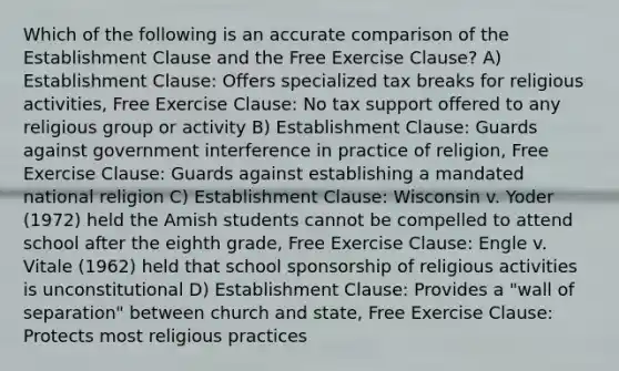 Which of the following is an accurate comparison of the Establishment Clause and the Free Exercise Clause? A) Establishment Clause: Offers specialized tax breaks for religious activities, Free Exercise Clause: No tax support offered to any religious group or activity B) Establishment Clause: Guards against government interference in practice of religion, Free Exercise Clause: Guards against establishing a mandated national religion C) Establishment Clause: Wisconsin v. Yoder (1972) held the Amish students cannot be compelled to attend school after the eighth grade, Free Exercise Clause: Engle v. Vitale (1962) held that school sponsorship of religious activities is unconstitutional D) Establishment Clause: Provides a "wall of separation" between church and state, Free Exercise Clause: Protects most religious practices