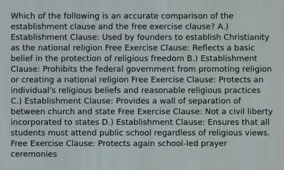 Which of the following is an accurate comparison of the establishment clause and the free exercise clause? A.) Establishment Clause: Used by founders to establish Christianity as the national religion Free Exercise Clause: Reflects a basic belief in the protection of religious freedom B.) Establishment Clause: Prohibits the federal government from promoting religion or creating a national religion Free Exercise Clause: Protects an individual's religious beliefs and reasonable religious practices C.) Establishment Clause: Provides a wall of separation of between church and state Free Exercise Clause: Not a civil liberty incorporated to states D.) Establishment Clause: Ensures that all students must attend public school regardless of religious views. Free Exercise Clause: Protects again school-led prayer ceremonies