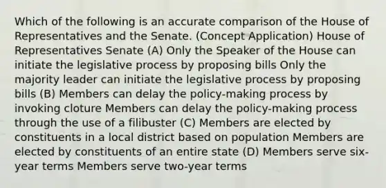 Which of the following is an accurate comparison of the House of Representatives and the Senate. (Concept Application) House of Representatives Senate (A) Only the Speaker of the House can initiate the legislative process by proposing bills Only the majority leader can initiate the legislative process by proposing bills (B) Members can delay the policy-making process by invoking cloture Members can delay the policy-making process through the use of a filibuster (C) Members are elected by constituents in a local district based on population Members are elected by constituents of an entire state (D) Members serve six-year terms Members serve two-year terms