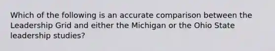 Which of the following is an accurate comparison between the Leadership Grid and either the Michigan or the Ohio State leadership studies?