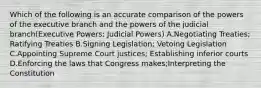 Which of the following is an accurate comparison of the powers of the executive branch and the powers of the judicial branch(Executive Powers; Judicial Powers) A.Negotiating Treaties; Ratifying Treaties B.Signing Legislation; Vetoing Legislation C.Appointing Supreme Court justices; Establishing inferior courts D.Enforcing the laws that Congress makes;Interpreting the Constitution