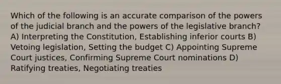 Which of the following is an accurate comparison of the powers of the judicial branch and the powers of the legislative branch? A) Interpreting the Constitution, Establishing inferior courts B) Vetoing legislation, Setting the budget C) Appointing Supreme Court justices, Confirming Supreme Court nominations D) Ratifying treaties, Negotiating treaties