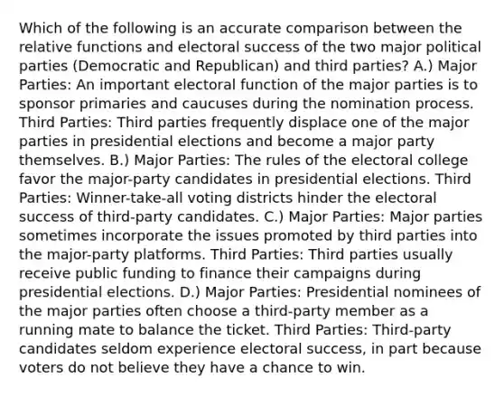 Which of the following is an accurate comparison between the relative functions and electoral success of the two major political parties (Democratic and Republican) and third parties? A.) Major Parties: An important electoral function of the major parties is to sponsor primaries and caucuses during the nomination process. Third Parties: Third parties frequently displace one of the major parties in presidential elections and become a major party themselves. B.) Major Parties: The rules of the electoral college favor the major-party candidates in presidential elections. Third Parties: Winner-take-all voting districts hinder the electoral success of third-party candidates. C.) Major Parties: Major parties sometimes incorporate the issues promoted by third parties into the major-party platforms. Third Parties: Third parties usually receive public funding to finance their campaigns during presidential elections. D.) Major Parties: Presidential nominees of the major parties often choose a third-party member as a running mate to balance the ticket. Third Parties: Third-party candidates seldom experience electoral success, in part because voters do not believe they have a chance to win.