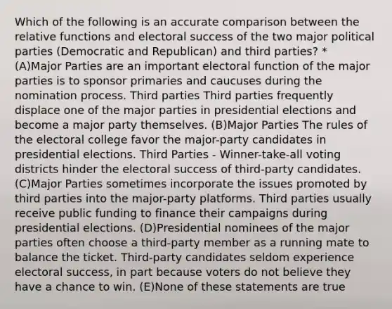 Which of the following is an accurate comparison between the relative functions and electoral success of the two major political parties (Democratic and Republican) and third parties? * (A)Major Parties are an important electoral function of the major parties is to sponsor primaries and caucuses during the nomination process. Third parties Third parties frequently displace one of the major parties in presidential elections and become a major party themselves. (B)Major Parties The rules of the electoral college favor the major-party candidates in presidential elections. Third Parties - Winner-take-all voting districts hinder the electoral success of third-party candidates. (C)Major Parties sometimes incorporate the issues promoted by third parties into the major-party platforms. Third parties usually receive public funding to finance their campaigns during presidential elections. (D)Presidential nominees of the major parties often choose a third-party member as a running mate to balance the ticket. Third-party candidates seldom experience electoral success, in part because voters do not believe they have a chance to win. (E)None of these statements are true