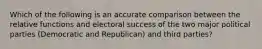 Which of the following is an accurate comparison between the relative functions and electoral success of the two major political parties (Democratic and Republican) and third parties?