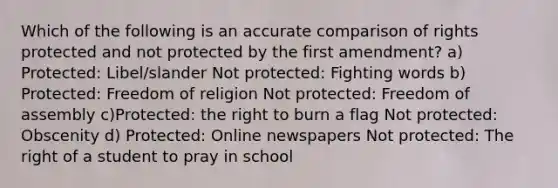 Which of the following is an accurate comparison of rights protected and not protected by the first amendment? a) Protected: Libel/slander Not protected: Fighting words b) Protected: Freedom of religion Not protected: Freedom of assembly c)Protected: the right to burn a flag Not protected: Obscenity d) Protected: Online newspapers Not protected: The right of a student to pray in school