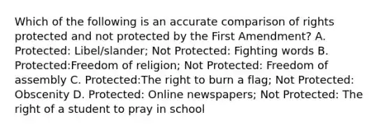 Which of the following is an accurate comparison of rights protected and not protected by the First Amendment? A. Protected: Libel/slander; Not Protected: Fighting words B. Protected:Freedom of religion; Not Protected: Freedom of assembly C. Protected:The right to burn a flag; Not Protected: Obscenity D. Protected: Online newspapers; Not Protected: The right of a student to pray in school