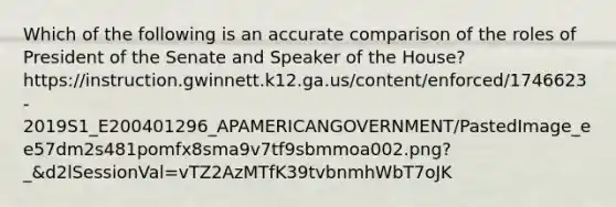 Which of the following is an accurate comparison of the roles of President of the Senate and Speaker of the House? https://instruction.gwinnett.k12.ga.us/content/enforced/1746623-2019S1_E200401296_APAMERICANGOVERNMENT/PastedImage_ee57dm2s481pomfx8sma9v7tf9sbmmoa002.png?_&d2lSessionVal=vTZ2AzMTfK39tvbnmhWbT7oJK