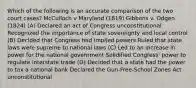 Which of the following is an accurate comparison of the two court cases? McCulloch v Maryland (1819) Gibbons v. Odgen (1824) (A) Declared an act of Congress unconstitutional Recognized the importance of state sovereignty and local control (B) Decided that Congress had implied powers Ruled that state laws were supreme to national laws (C) Led to an increase in power for the national government Solidified Congress' power to regulate interstate trade (D) Decided that a state had the power to tax a national bank Declared the Gun-Free-School Zones Act unconstitutional