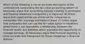 Which of the following is not an accurate description of the controversies surrounding the fair value accounting option? A) Advocates argue that accounting-induced volatility is eliminated and financial statement transparency is improved. B) Critics argue that opportunities are enhanced for companies to manipulate their earnings and balance sheet. C) Critics argue that companies that can use the fair value option in situations where there is not necessarily a relationship between the financial assets and liabilities which promotes the opportunity to manage earnings. D) Advocates argue that financial reporting is more accurate and transparent for those companies in financial distress.