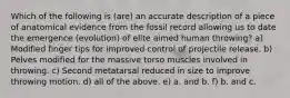 Which of the following is (are) an accurate description of a piece of anatomical evidence from the fossil record allowing us to date the emergence (evolution) of elite aimed human throwing? a) Modified finger tips for improved control of projectile release. b) Pelves modified for the massive torso muscles involved in throwing. c) Second metatarsal reduced in size to improve throwing motion. d) all of the above. e) a. and b. f) b. and c.