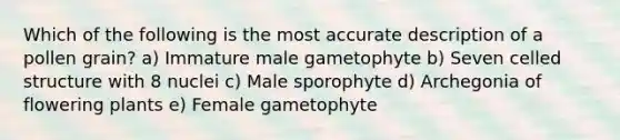 Which of the following is the most accurate description of a pollen grain? a) Immature male gametophyte b) Seven celled structure with 8 nuclei c) Male sporophyte d) Archegonia of flowering plants e) Female gametophyte