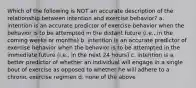 Which of the following is NOT an accurate description of the relationship between intention and exercise behavior? a. intention is an accurate predictor of exercise behavior when the behavior is to be attempted in the distant future (i.e., in the coming weeks or months) b. intention is an accurate predictor of exercise behavior when the behavior is to be attempted in the immediate future (i.e., in the next 24 hours) c. intention is a better predictor of whether an individual will engage in a single bout of exercise as opposed to whether he will adhere to a chronic exercise regimen d. none of the above