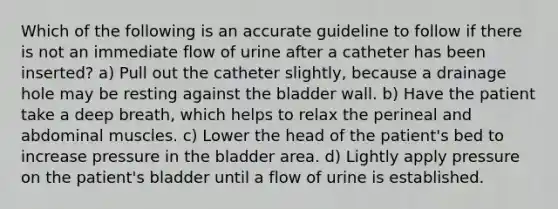 Which of the following is an accurate guideline to follow if there is not an immediate flow of urine after a catheter has been inserted? a) Pull out the catheter slightly, because a drainage hole may be resting against the bladder wall. b) Have the patient take a deep breath, which helps to relax the perineal and abdominal muscles. c) Lower the head of the patient's bed to increase pressure in the bladder area. d) Lightly apply pressure on the patient's bladder until a flow of urine is established.