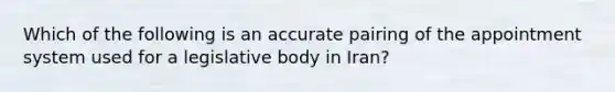 Which of the following is an accurate pairing of the appointment system used for a legislative body in Iran?