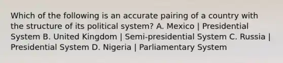 Which of the following is an accurate pairing of a country with the structure of its political system? A. Mexico | Presidential System B. United Kingdom | Semi-presidential System C. Russia | Presidential System D. Nigeria | Parliamentary System