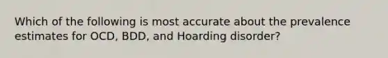 Which of the following is most accurate about the prevalence estimates for OCD, BDD, and Hoarding disorder?