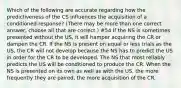 Which of the following are accurate regarding how the predictiveness of the CS influences the acquisition of a conditioned response? (There may be more than one correct answer, choose all that are correct.) #54 If the NS is sometimes presented without the US, it will hamper acquiring the CR or dampen the CR. If the NS is present on equal or less trials as the US, the CR will not develop because the NS has to predict the US in order for the CR to be developed. The NS that most reliably predicts the US will be conditioned to produce the CR. When the NS is presented on its own as well as with the US, the more frequently they are paired, the more acquisition of the CR.