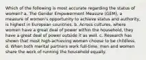 Which of the following is most accurate regarding the status of women? a. The Gender Empowerment Measure (GEM), a measure of women's opportunity to achieve status and authority, is highest in European countries. b. Across cultures, where women have a great deal of power within the household, they have a great deal of power outside it as well. c. Research has shown that most high-achieving women choose to be childless. d. When both marital partners work full-time, men and women share the work of running the household equally.