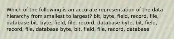 Which of the following is an accurate representation of the data hierarchy from smallest to largest? bit, byte, field, record, file, database bit, byte, field, file, record, database byte, bit, field, record, file, database byte, bit, field, file, record, database