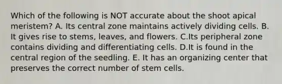 Which of the following is NOT accurate about the shoot apical meristem? A. Its central zone maintains actively dividing cells. B. It gives rise to stems, leaves, and flowers. C.Its peripheral zone contains dividing and differentiating cells. D.It is found in the central region of the seedling. E. It has an organizing center that preserves the correct number of stem cells.