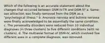 Which of the following is an accurate statement about the changes that occurred between DSM-IV-TR and DSM-5? a. Same-sex attraction was finally removed from the DSM as a "psychological illness." b. Anorexia nervosa and bulimia nervosa were finally acknowledged to be essentially the same condition. c. The personality disorders were reduced from 10 individual diagnoses (in three clusters) to five different conditions (with no clusters). d. The multiaxial format of DSM-IV, which involved five different axes in a complete diagnosis, was removed.