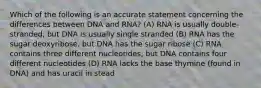 Which of the following is an accurate statement concerning the differences between DNA and RNA? (A) RNA is usually double-stranded, but DNA is usually single stranded (B) RNA has the sugar deoxyribose, but DNA has the sugar ribose (C) RNA contains three different nucleotides, but DNA contains four different nucleotides (D) RNA lacks the base thymine (found in DNA) and has uracil in stead