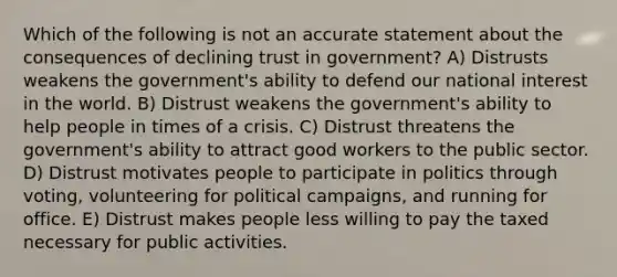 Which of the following is not an accurate statement about the consequences of declining trust in government? A) Distrusts weakens the government's ability to defend our national interest in the world. B) Distrust weakens the government's ability to help people in times of a crisis. C) Distrust threatens the government's ability to attract good workers to the public sector. D) Distrust motivates people to participate in politics through voting, volunteering for political campaigns, and running for office. E) Distrust makes people less willing to pay the taxed necessary for public activities.