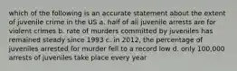 which of the following is an accurate statement about the extent of juvenile crime in the US a. half of all juvenile arrests are for violent crimes b. rate of murders committed by juveniles has remained steady since 1993 c. in 2012, the percentage of juveniles arrested for murder fell to a record low d. only 100,000 arrests of juveniles take place every year