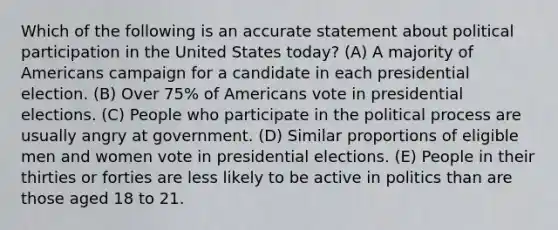 Which of the following is an accurate statement about political participation in the United States today? (A) A majority of Americans campaign for a candidate in each presidential election. (B) Over 75% of Americans vote in presidential elections. (C) People who participate in the political process are usually angry at government. (D) Similar proportions of eligible men and women vote in presidential elections. (E) People in their thirties or forties are less likely to be active in politics than are those aged 18 to 21.