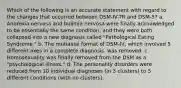 Which of the following is an accurate statement with regard to the changes that occurred between DSM-IV-TR and DSM-5? a. Anorexia nervosa and bulimia nervosa were finally acknowledged to be essentially the same condition, and they were both collapsed into a new diagnosis called "Pathological Eating Syndrome." b. The mutiaxial format of DSM-IV, which involved 5 different axes in a complete diagnosis, was removed. c. Homosexuality was finally removed from the DSM as a "psychological illness." d. The personality disorders were reduced from 10 individual diagnoses (in 3 clusters) to 5 different conditions (with no clusters).