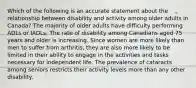 Which of the following is an accurate statement about the relationship between disability and activity among older adults in Canada? The majority of older adults have difficulty performing ADLs or IADLs. The rate of disability among Canadians aged 75 years and older is increasing. Since women are more likely than men to suffer from arthritis, they are also more likely to be limited in their ability to engage in the activities and tasks necessary for independent life. The prevalence of cataracts among seniors restricts their activity levels more than any other disability.