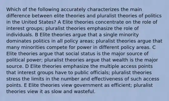 Which of the following accurately characterizes the main difference between elite theories and pluralist theories of <a href='https://www.questionai.com/knowledge/kY23YeRpPA-politics-in-the-united-states' class='anchor-knowledge'>politics in the united states</a>? A Elite theories concentrate on the role of interest groups; pluralist theories emphasize the role of individuals. B Elite theories argue that a single minority dominates politics in all policy areas; pluralist theories argue that many minorities compete for power in different policy areas. C Elite theories argue that social status is the major source of political power; pluralist theories argue that wealth is the major source. D Elite theories emphasize the multiple access points that interest groups have to public officials; pluralist theories stress the limits in the number and effectiveness of such access points. E Elite theories view government as efficient; pluralist theories view it as slow and wasteful.