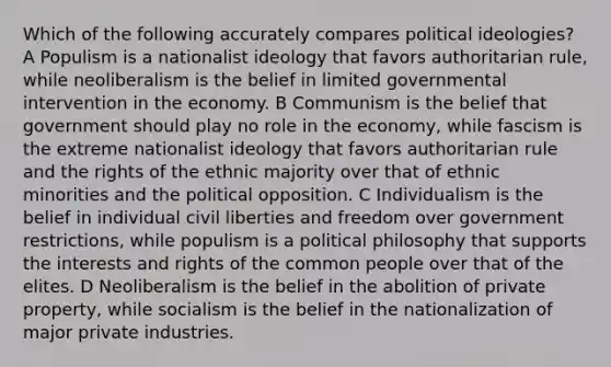 Which of the following accurately compares political ideologies? A Populism is a nationalist ideology that favors authoritarian rule, while neoliberalism is the belief in limited governmental intervention in the economy. B Communism is the belief that government should play no role in the economy, while fascism is the extreme nationalist ideology that favors authoritarian rule and the rights of the ethnic majority over that of ethnic minorities and the political opposition. C Individualism is the belief in individual civil liberties and freedom over government restrictions, while populism is a political philosophy that supports the interests and rights of the common people over that of the elites. D Neoliberalism is the belief in the abolition of private property, while socialism is the belief in the nationalization of major private industries.