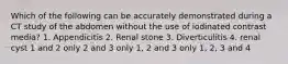 Which of the following can be accurately demonstrated during a CT study of the abdomen without the use of iodinated contrast media? 1. Appendicitis 2. Renal stone 3. Diverticulitis 4. renal cyst 1 and 2 only 2 and 3 only 1, 2 and 3 only 1, 2, 3 and 4