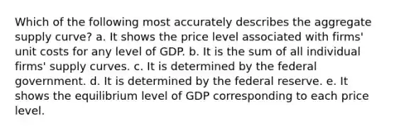 Which of the following most accurately describes the aggregate supply curve? a. It shows the price level associated with firms' unit costs for any level of GDP. b. It is the sum of all individual firms' supply curves. c. It is determined by the federal government. d. It is determined by the federal reserve. e. It shows the equilibrium level of GDP corresponding to each price level.