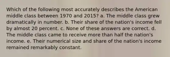Which of the following most accurately describes the American middle class between 1970 and 2015? a. The middle class grew dramatically in number. b. Their share of the nation's income fell by almost 20 percent. c. None of these answers are correct. d. The middle class came to receive more than half the nation's income. e. Their numerical size and share of the nation's income remained remarkably constant.