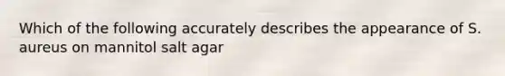 Which of the following accurately describes the appearance of S. aureus on mannitol salt agar