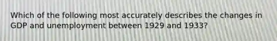 Which of the following most accurately describes the changes in GDP and unemployment between 1929 and 1933?