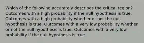 Which of the following accurately describes the critical region? Outcomes with a high probability if the null hypothesis is true. Outcomes with a high probability whether or not the null hypothesis is true. Outcomes with a very low probability whether or not the null hypothesis is true. Outcomes with a very low probability if the null hypothesis is true.