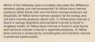 Which of the following most accurately describes the difference between yellow and red bonemarrow? A) Yellow bone marrow produces white blood cells and red bone marrow produces red bloodcells .B) Yellow bone marrow contains fat for energy and red bone marrow produces blood cells. C) Yellow bone marrow is found in spongy long bone and red bone marrow is found in longbone shafts. D) Yellow bone marrow is found in axial bones and red bone marrow is found in appendicularbones. E) Yellow bone marrow is produced by chondrocytes and red bone marrow is produced byosteocytes