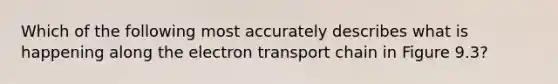 Which of the following most accurately describes what is happening along <a href='https://www.questionai.com/knowledge/k57oGBr0HP-the-electron-transport-chain' class='anchor-knowledge'>the electron transport chain</a> in Figure 9.3?