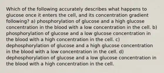 Which of the following accurately describes what happens to glucose once it enters the cell, and its concentration gradient following? a) phosphorylation of glucose and a high glucose concentration in the blood with a low concentration in the cell. b) phosphorylation of glucose and a low glucose concentration in the blood with a high concentration in the cell. c) dephosphorylation of glucose and a high glucose concentration in the blood with a low concentration in the cell. d) dephosphorylation of glucose and a low glucose concentration in the blood with a high concentration in the cell.