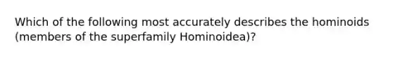 Which of the following most accurately describes the hominoids (members of the superfamily Hominoidea)?