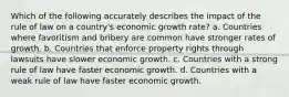 Which of the following accurately describes the impact of the rule of law on a country's economic growth rate? a. Countries where favoritism and bribery are common have stronger rates of growth. b. Countries that enforce property rights through lawsuits have slower economic growth. c. Countries with a strong rule of law have faster economic growth. d. Countries with a weak rule of law have faster economic growth.