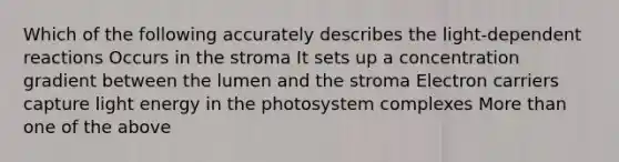 Which of the following accurately describes the light-dependent reactions Occurs in the stroma It sets up a concentration gradient between the lumen and the stroma Electron carriers capture light energy in the photosystem complexes More than one of the above