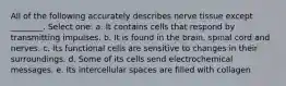 All of the following accurately describes nerve tissue except ________. Select one: a. It contains cells that respond by transmitting impulses. b. It is found in the brain, spinal cord and nerves. c. Its functional cells are sensitive to changes in their surroundings. d. Some of its cells send electrochemical messages. e. Its intercellular spaces are filled with collagen