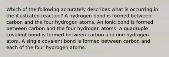 Which of the following accurately describes what is occurring in the illustrated reaction? A hydrogen bond is formed between carbon and the four hydrogen atoms. An ionic bond is formed between carbon and the four hydrogen atoms. A quadruple covalent bond is formed between carbon and one hydrogen atom. A single covalent bond is formed between carbon and each of the four hydrogen atoms.