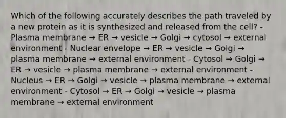 Which of the following accurately describes the path traveled by a new protein as it is synthesized and released from the cell? - Plasma membrane → ER → vesicle → Golgi → cytosol → external environment - Nuclear envelope → ER → vesicle → Golgi → plasma membrane → external environment - Cytosol → Golgi → ER → vesicle → plasma membrane → external environment - Nucleus → ER → Golgi → vesicle → plasma membrane → external environment - Cytosol → ER → Golgi → vesicle → plasma membrane → external environment